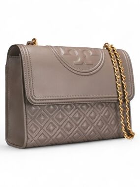 Tory Burch Fleming Silver Maple Taupe Leather Convetible Shoulder Bag